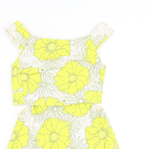 Topshop Womens Yellow Floral Cotton Mini Size 6 Boat Neck Zip