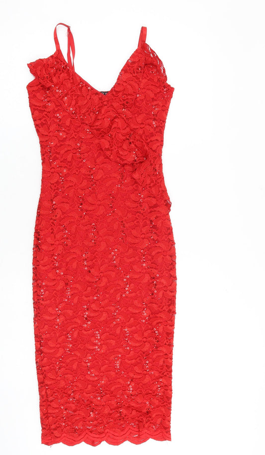 Quiz Womens Red Geometric Polyester Slip Dress Size 10 V-Neck Zip