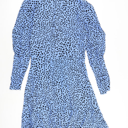 Marks and Spencer Womens Blue Animal Print Viscose A-Line Size 8 Round Neck Zip - Cheetah pattern