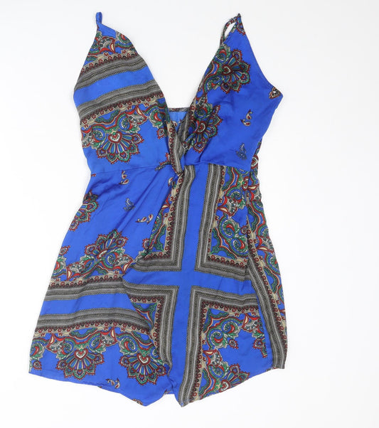 PRETTYLITTLETHING Womens Blue Geometric Polyester A-Line Size 10 V-Neck Zip