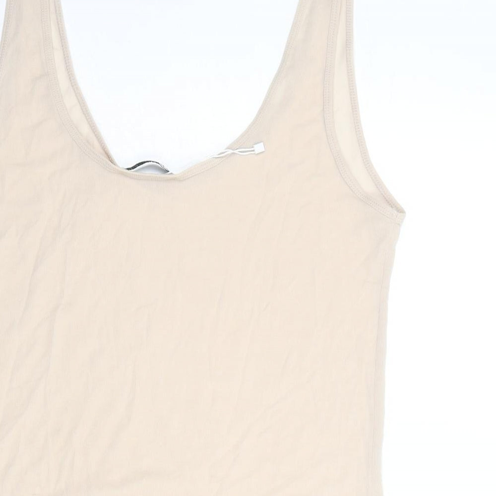 Zara Womens Beige Polyester Basic Tank Size L Round Neck