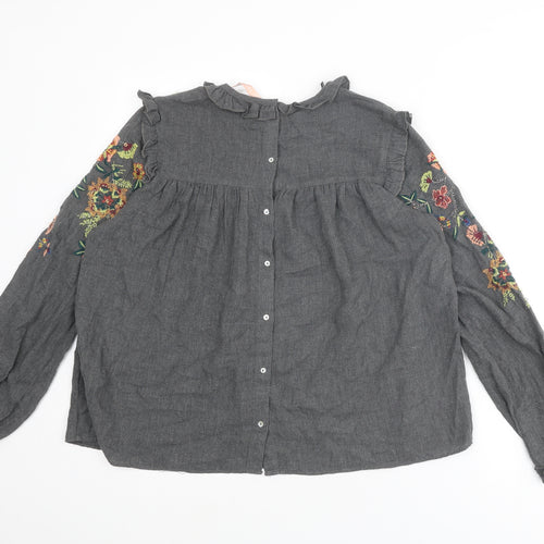 Zara Womens Grey Floral Cotton Basic Blouse Size S Collared