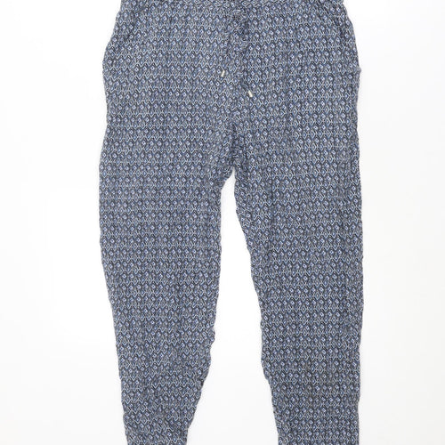 Indigo Womens Blue Geometric Viscose Trousers Size 12 L25 in Regular Drawstring