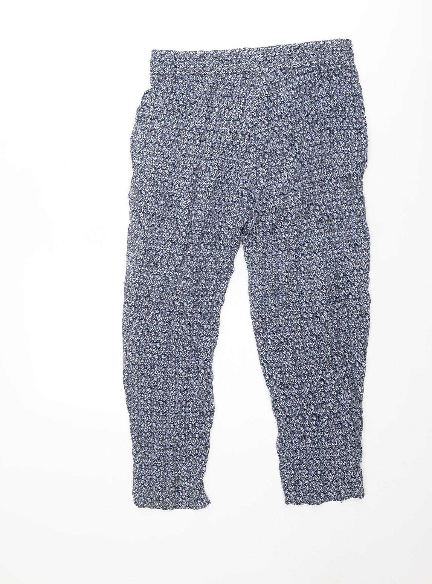 Indigo Womens Blue Geometric Viscose Trousers Size 12 L25 in Regular Drawstring
