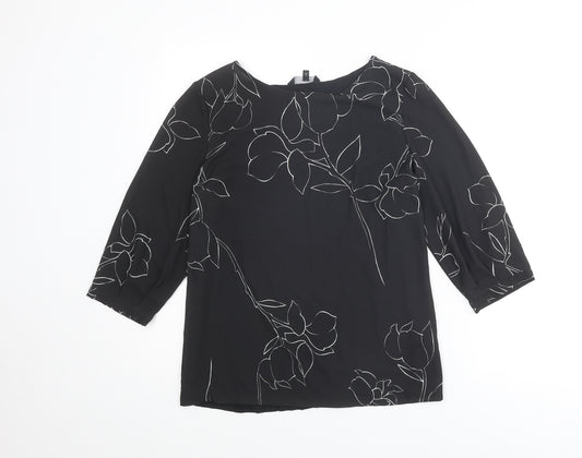 NEXT Womens Black Floral Polyester Basic Blouse Size 8 Boat Neck