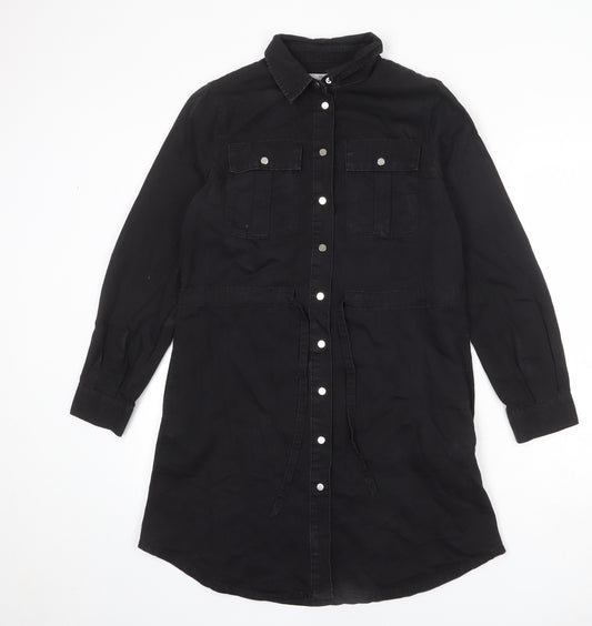 New Look Womens Black Cotton Shirt Dress Size 10 Collared Snap