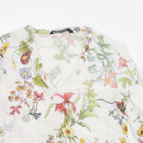 Zara Womens White Geometric Polyester Basic Blouse Size S V-Neck
