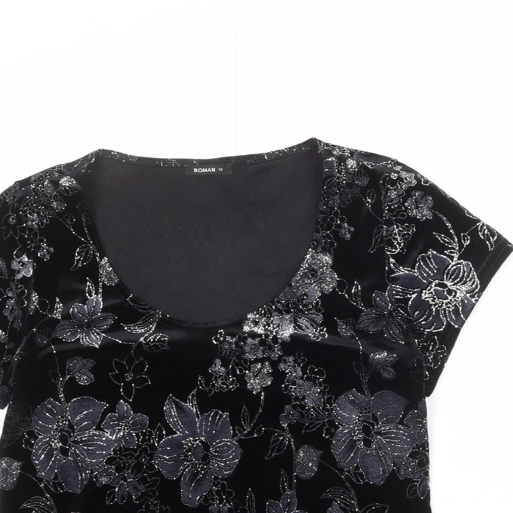 Roman Womens Black Floral Polyester Basic T-Shirt Size 12 Scoop Neck
