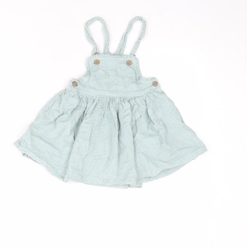 NEXT Girls Blue 100% Cotton Pinafore/Dungaree Dress Size 2-3 Years Square Neck Button