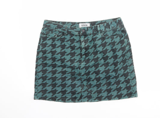 New Look Womens Green Geometric Cotton A-Line Skirt Size 14 Zip - Houndstooth pattern