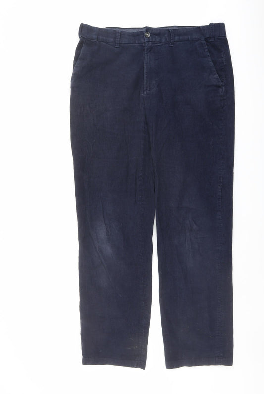 Marks and Spencer Mens Blue Cotton Trousers Size 36 in L33 in Regular Button