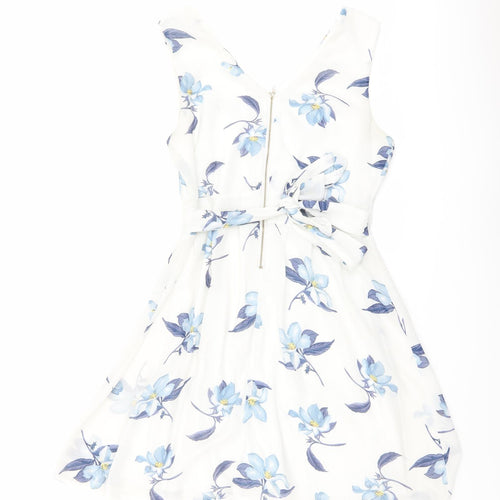 Mela London Womens White Floral Polyester Fit & Flare Size 10 V-Neck Zip