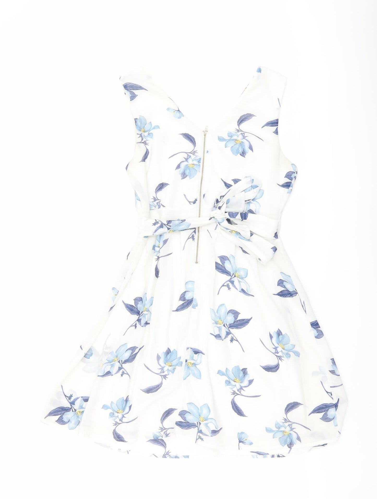 Mela London Womens White Floral Polyester Fit & Flare Size 10 V-Neck Zip