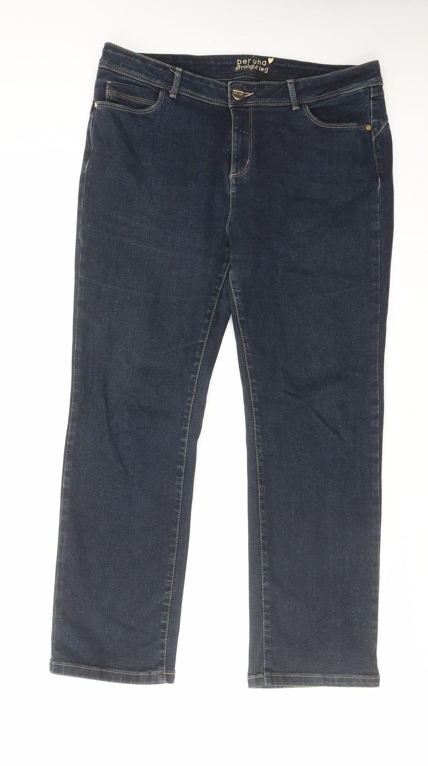 Per Una Womens Blue Cotton Straight Jeans Size 16 L27 in Regular Zip