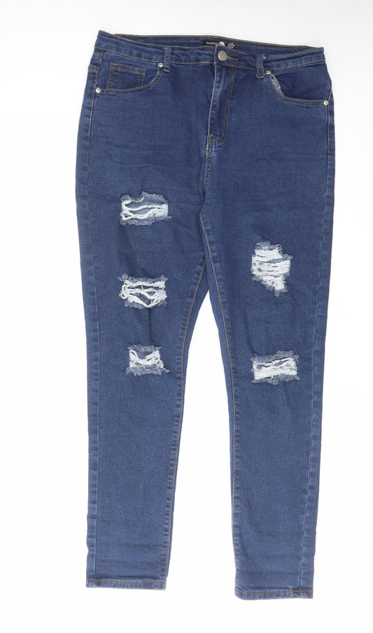 Boohoo Womens Blue Cotton Skinny Jeans Size 14 L28 in Regular Zip