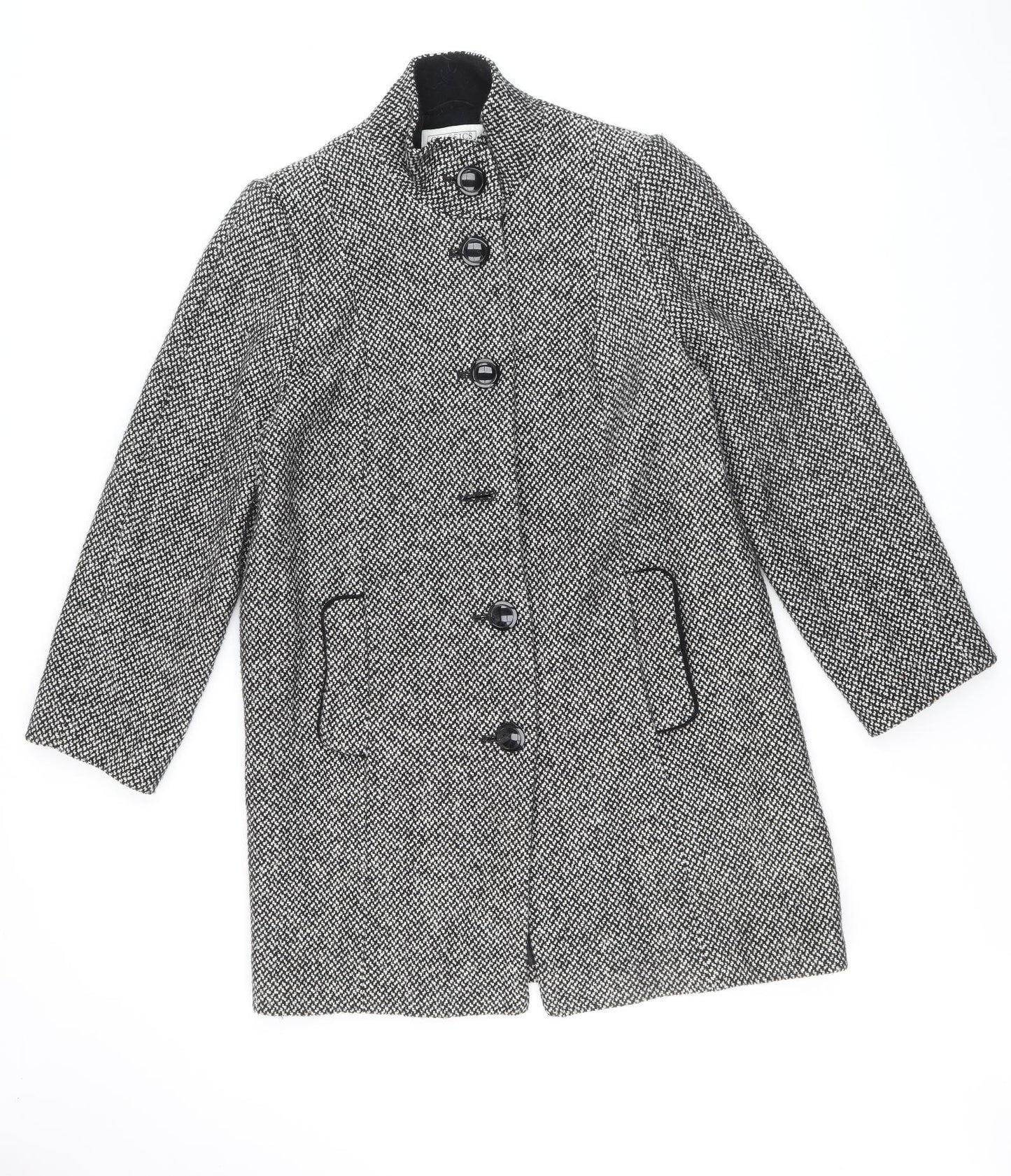 Classics Womens Black Geometric Overcoat Coat Size 12 Button