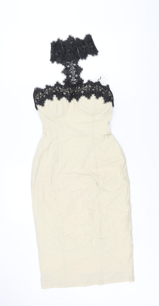 Rare London Womens Ivory Cotton Shift Size 10 Halter Hook & Eye - Lace Details, Open Back