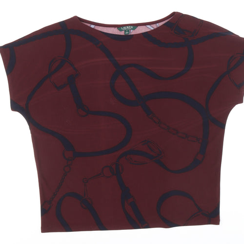 Lauren Ralph Lauren Womens Brown Geometric Polyester Basic T-Shirt Size M Boat Neck