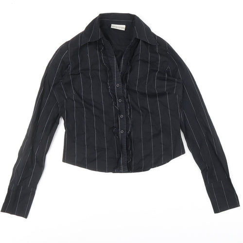 Todays Women Womens Black Striped Cotton Basic Button-Up Size 12 Collared