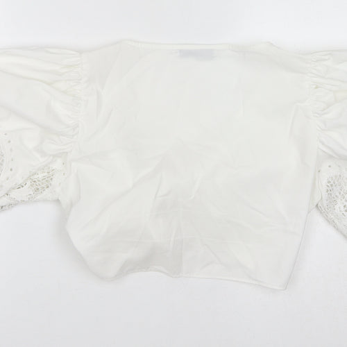 Zara Womens White Polyester Cropped Blouse Size L V-Neck - Broderie Anglaise