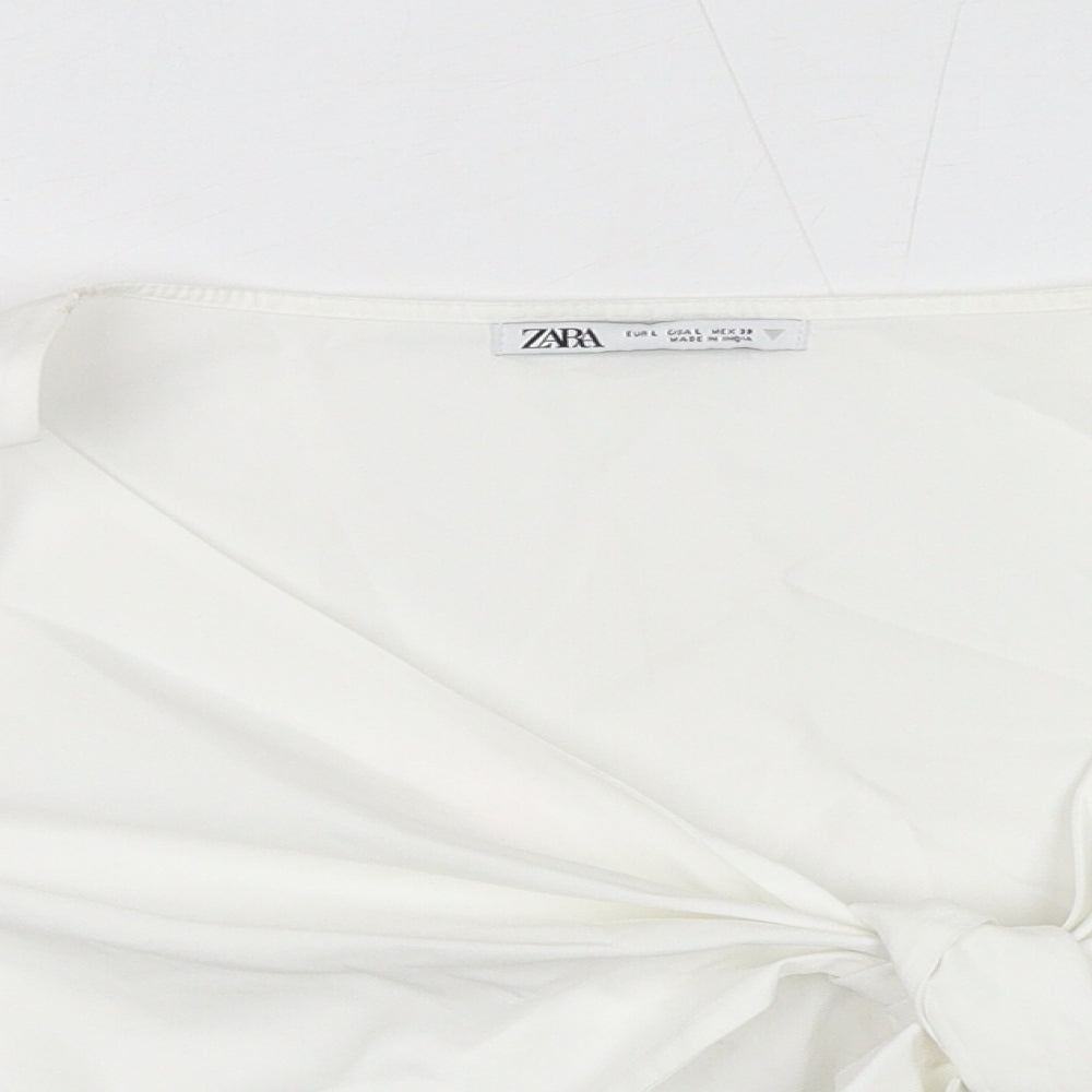 Zara Womens White Polyester Cropped Blouse Size L V-Neck - Broderie Anglaise