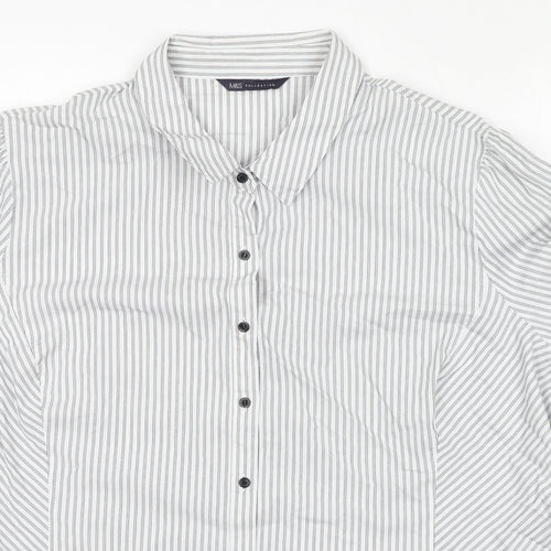 Marks and Spencer Womens White Striped Cotton Basic Button-Up Size 24 Collared