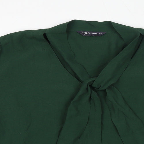 Marks and Spencer Womens Green Viscose Basic Blouse Size 10 Round Neck - Tie Neck