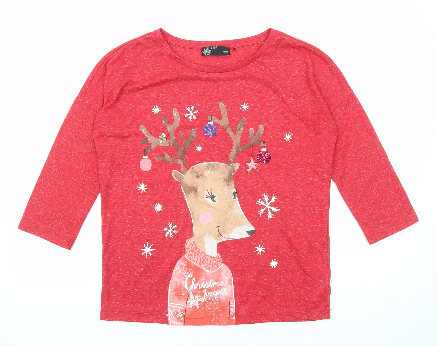 NEXT Womens Red Polyester Basic T-Shirt Size 8 Round Neck - Reindeer Christmas