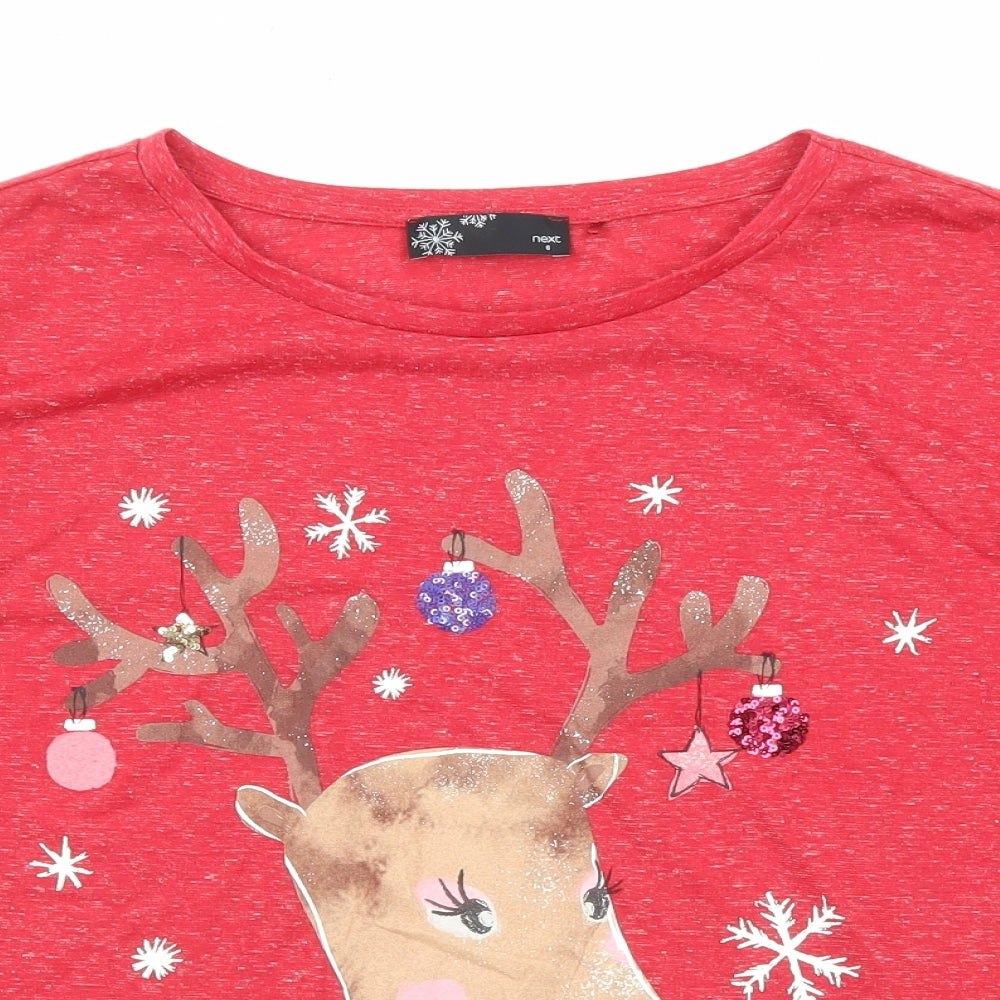 NEXT Womens Red Polyester Basic T-Shirt Size 8 Round Neck - Reindeer Christmas