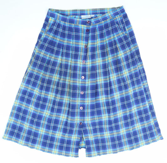 Compliments Womens Blue Plaid Cotton A-Line Skirt Size 18 Button
