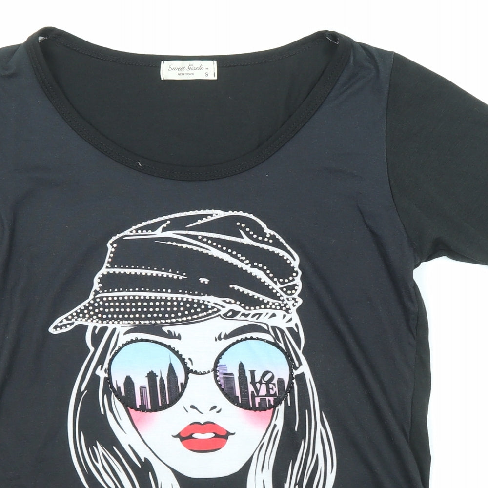 Sweet Gisele Womens Black Polyester Basic T-Shirt Size S Round Neck - Philly