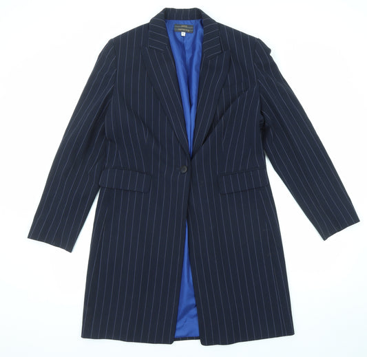 Marks and Spencer Womens Blue Striped Jacket Blazer Size 16 Button - Longline