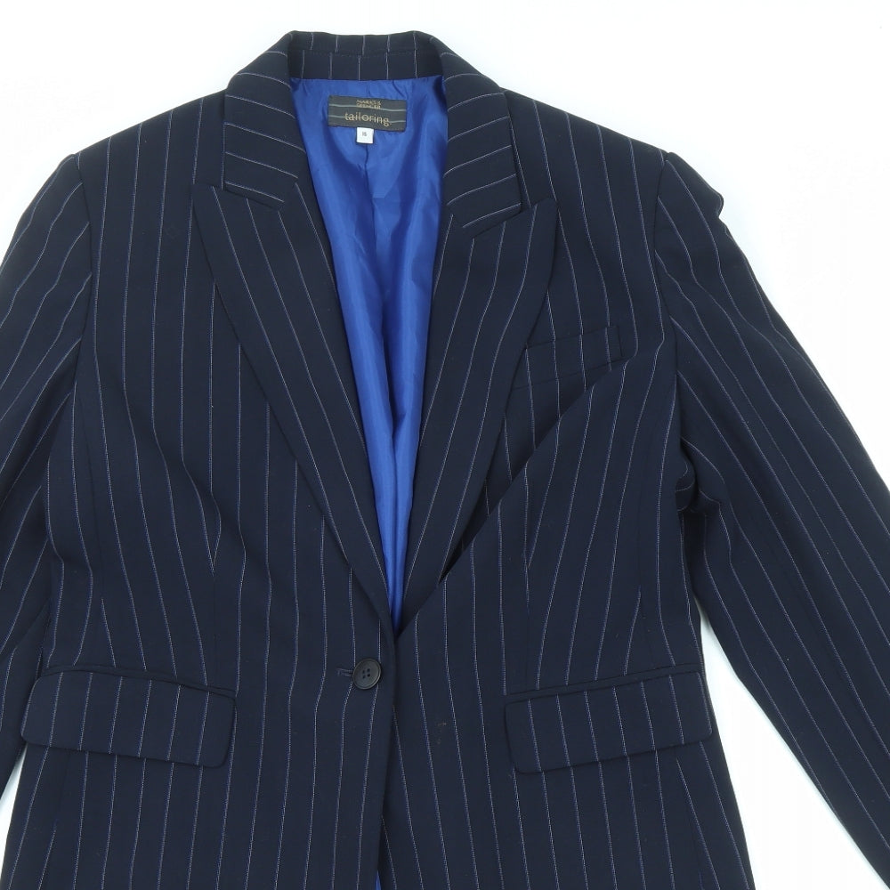 Marks and Spencer Womens Blue Striped Jacket Blazer Size 16 Button - Longline