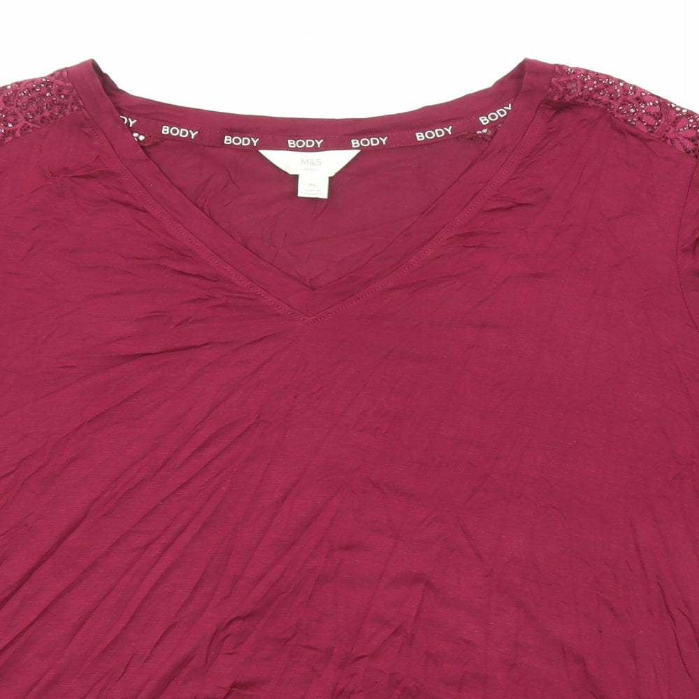 Marks and Spencer Womens Purple Viscose Basic T-Shirt Size XL V-Neck - Lace Detail