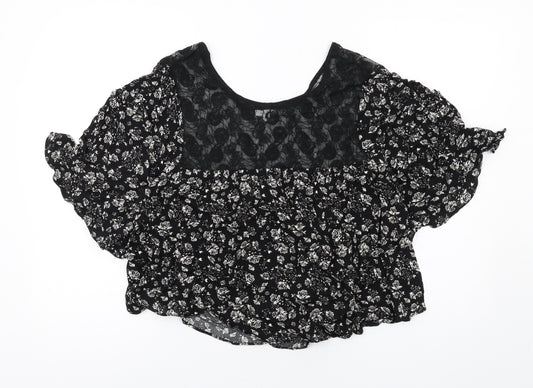 Lily Loves Womens Black Floral Viscose Basic Blouse Size 14 Round Neck