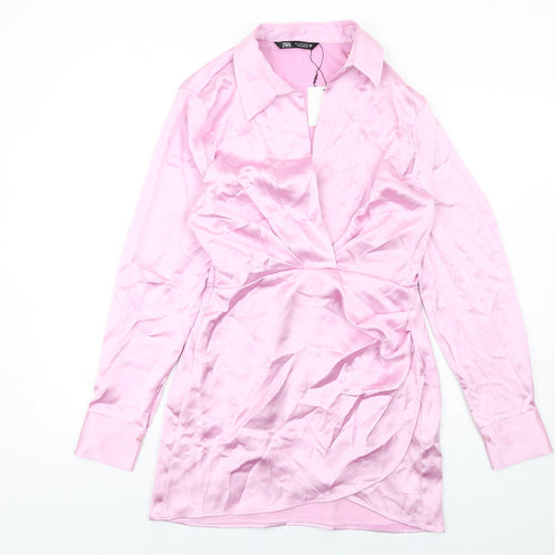 Zara Womens Pink Polyester Mini Size S Collared Zip