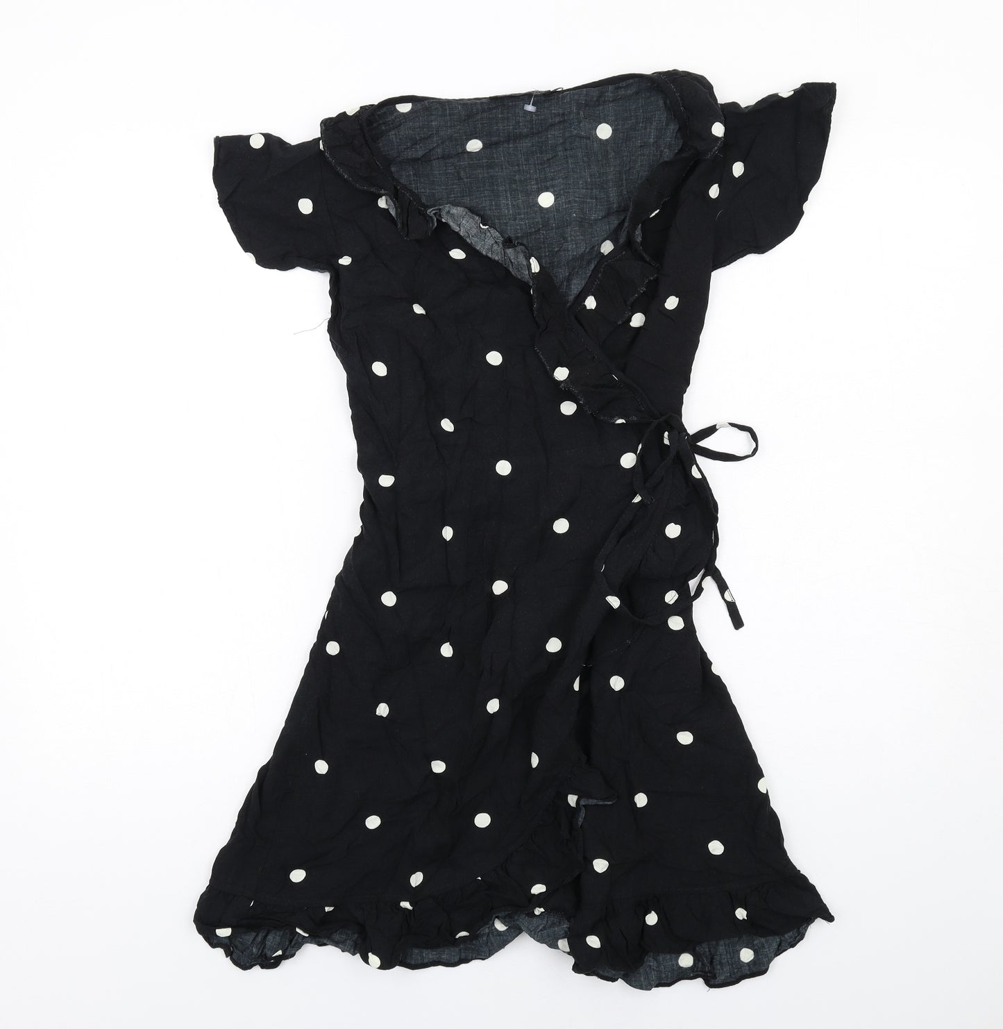 Motel Womens Black Polka Dot Viscose Wrap Dress Size M V-Neck Tie