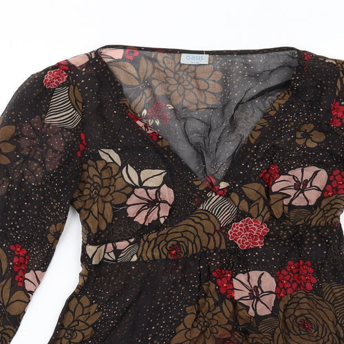 Oasis Womens Brown Floral Polyester Mini Size 10 V-Neck Zip