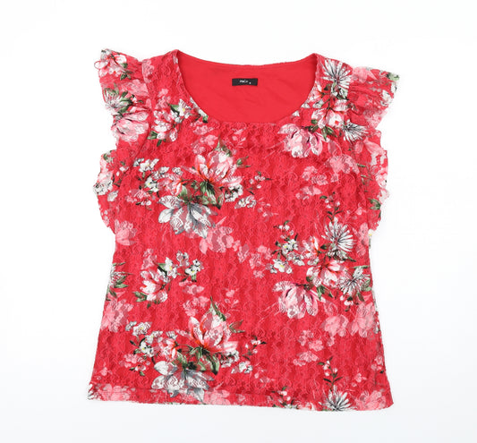 M&Co Womens Red Floral Polyester Basic T-Shirt Size 12 Round Neck - Lace Overlay