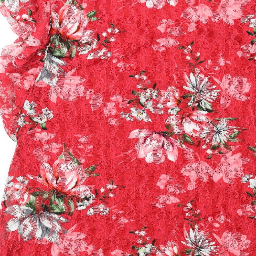 M&Co Womens Red Floral Polyester Basic T-Shirt Size 12 Round Neck - Lace Overlay