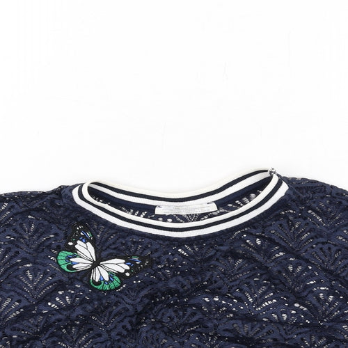 Zara Womens Blue Polyester Basic T-Shirt Size S Round Neck - Butterfly
