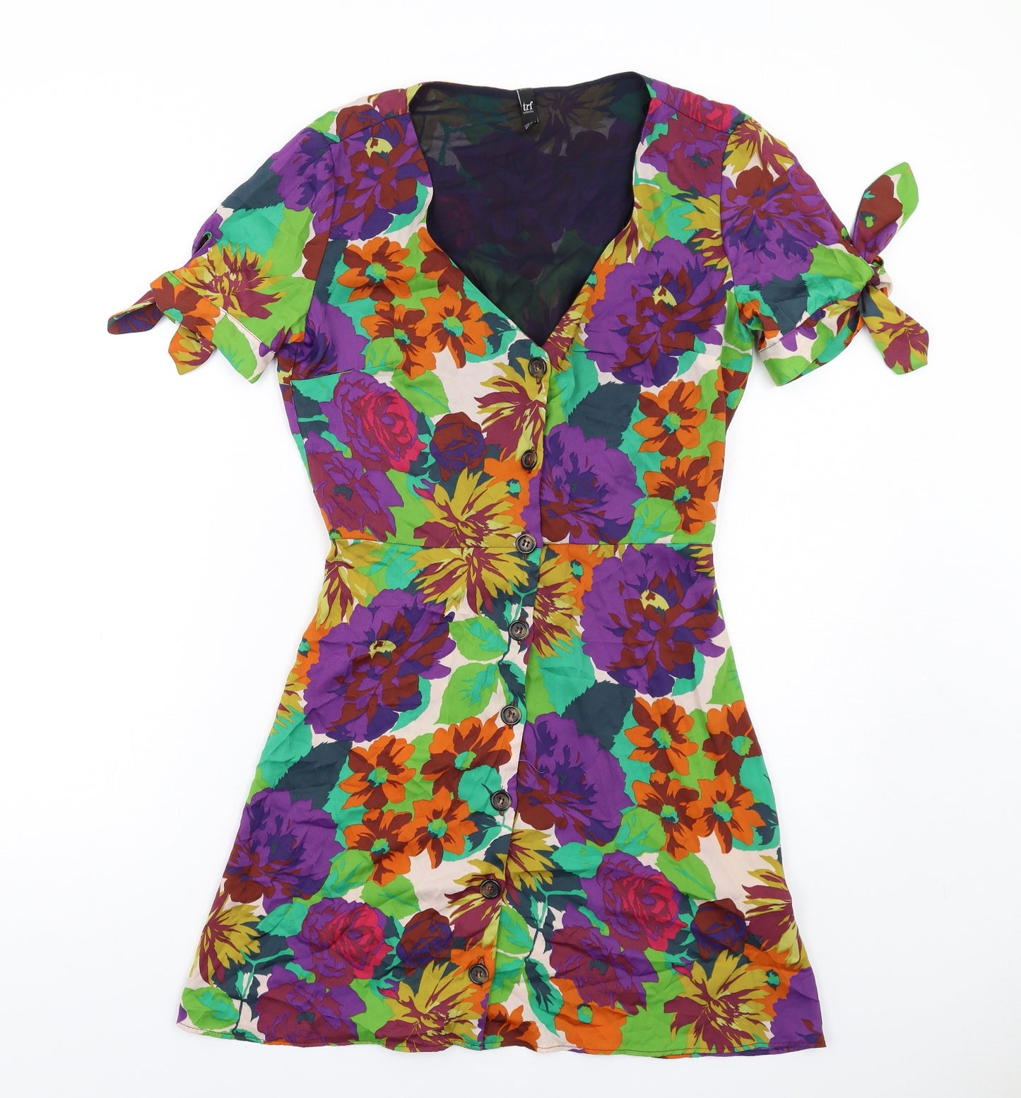 Zara Womens Multicoloured Floral Polyester A-Line Size S V-Neck Button