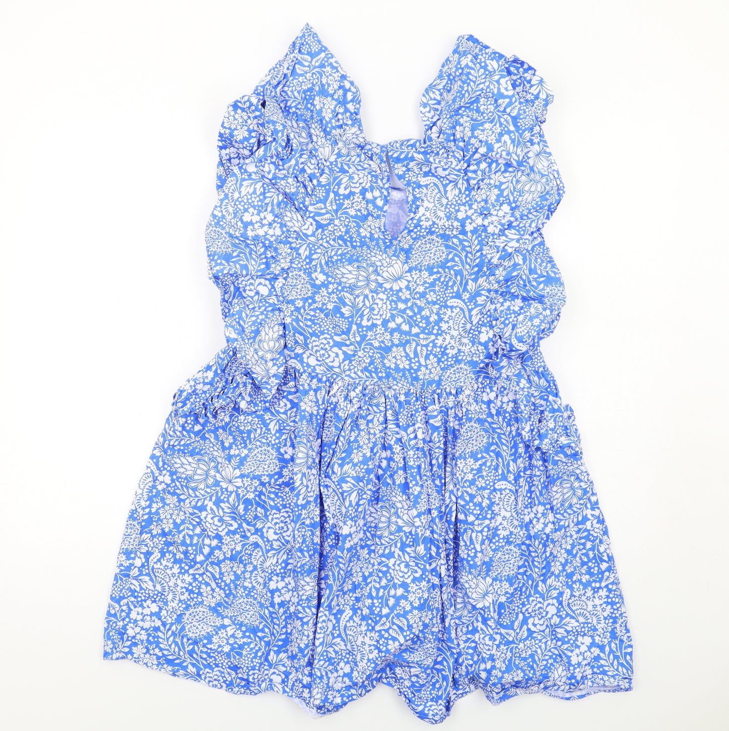 Zara Womens Blue Floral Cotton Skater Dress Size 8 Round Neck Button