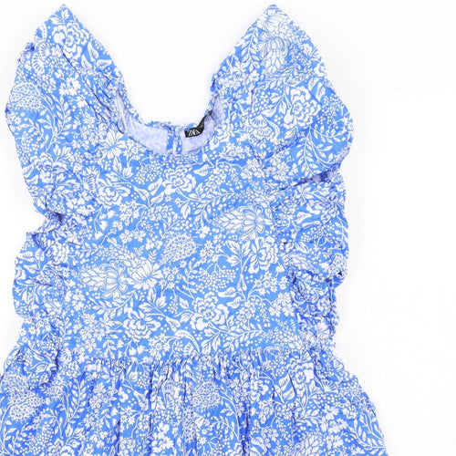 Zara Womens Blue Floral Cotton Skater Dress Size 8 Round Neck Button