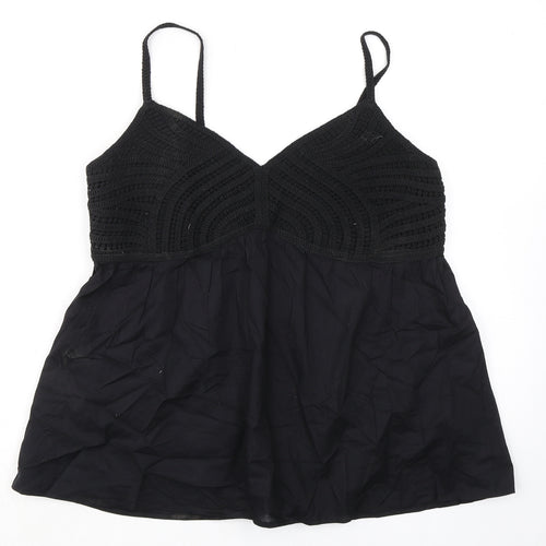 Marks and Spencer Womens Black 100% Cotton Camisole Tank Size 14 V-Neck - Crochet Detail