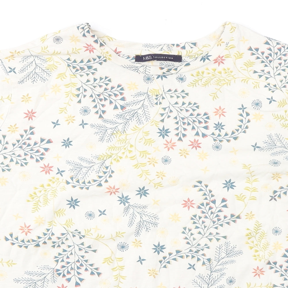 Marks and Spencer Womens Multicoloured Floral 100% Cotton Basic T-Shirt Size 14 Crew Neck