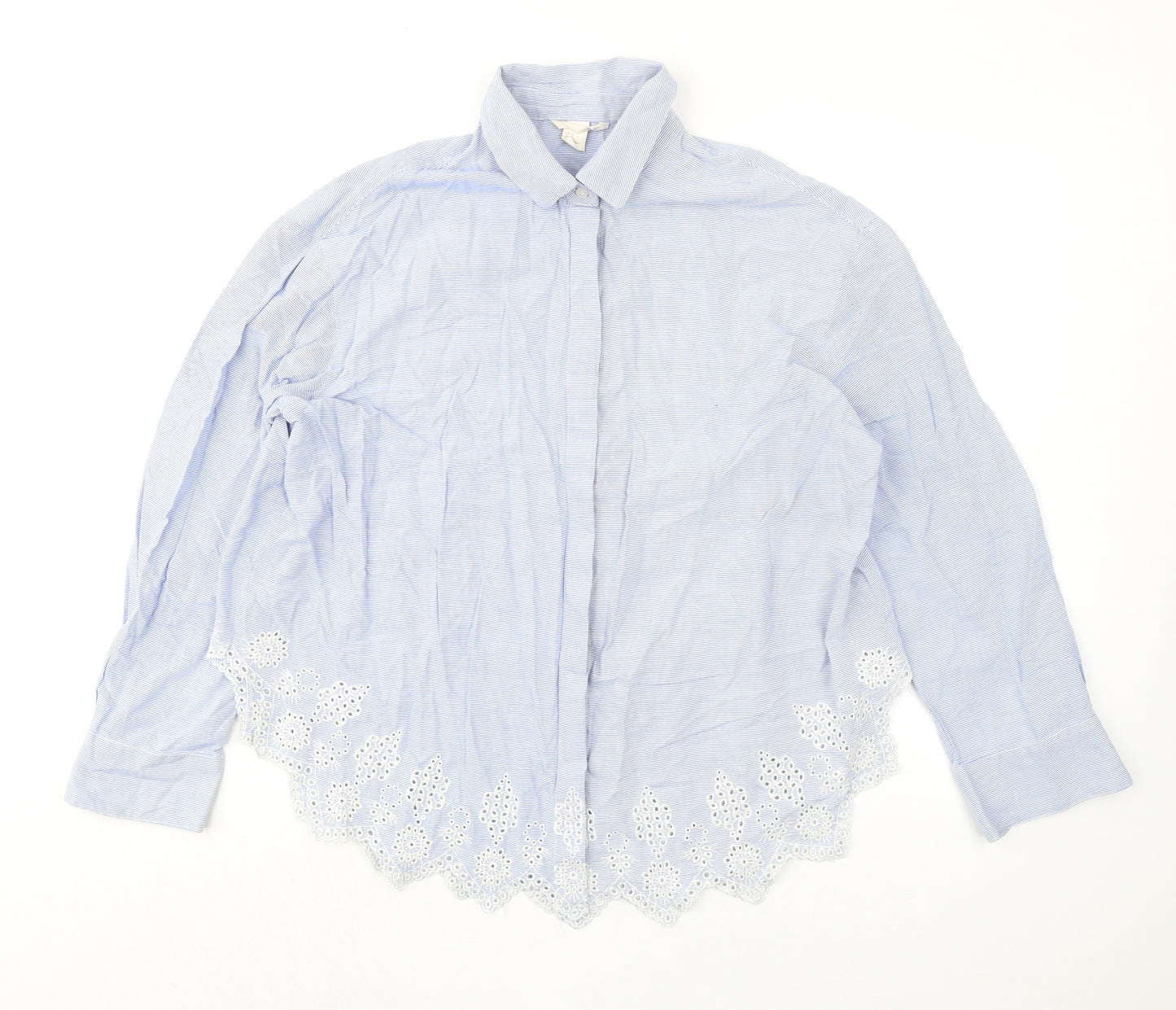 H&M Womens Blue Striped 100% Cotton Basic Button-Up Size 14 Collared - Broderie Anglaise Details
