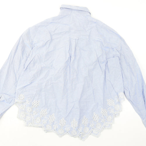 H&M Womens Blue Striped 100% Cotton Basic Button-Up Size 14 Collared - Broderie Anglaise Details