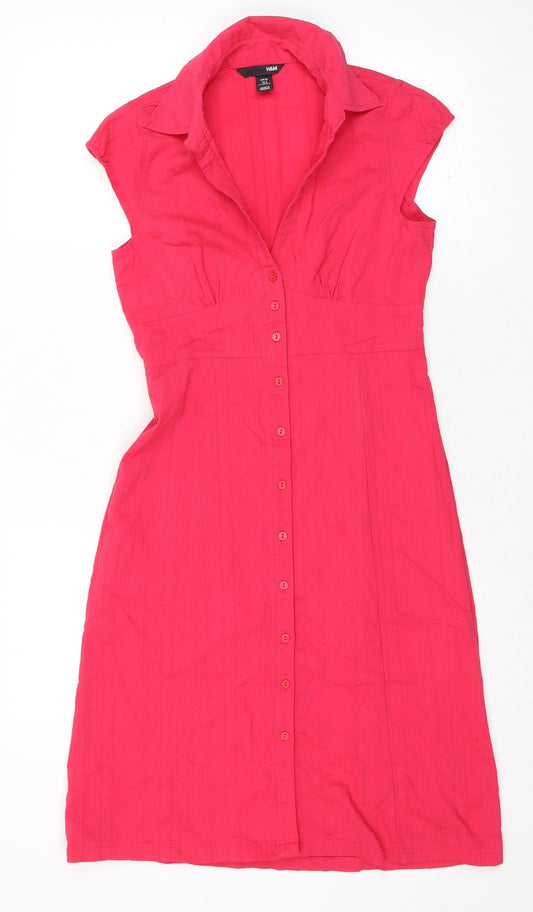 H&M Womens Pink Cotton Shirt Dress Size 8 Collared Button