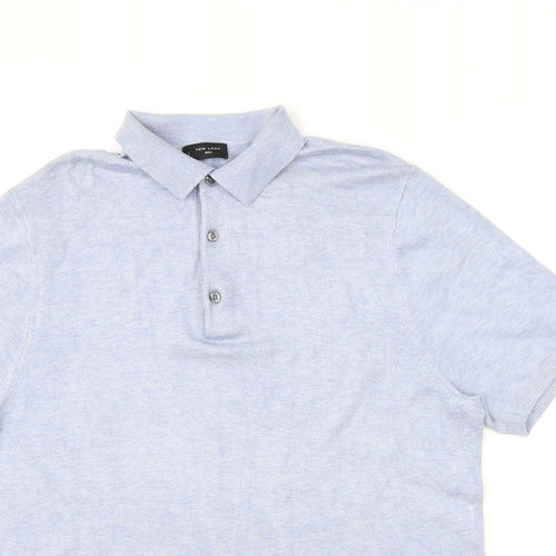 New Look Mens Blue Viscose Polo Size L Collared Button